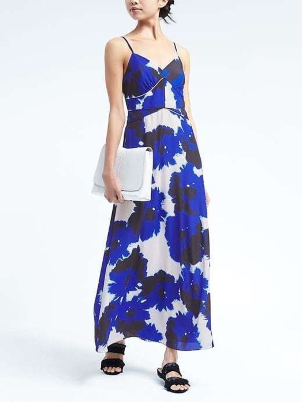 Banana Republic Chiffon Maxi Dress 8 Blue White Abstract Floral Paneled Piping